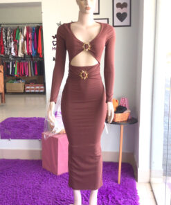 Vestido mídi manga longa ribana