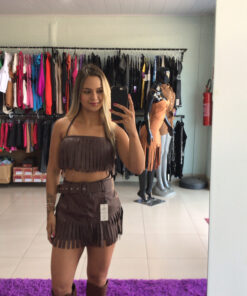 Conjunto short saia franjas courino