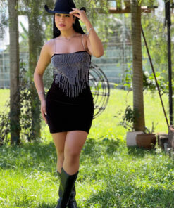 Vestido veludo alça de brilho corte reto