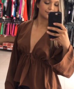 BLUSA MARROM MANGA DECOTE