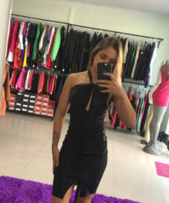 Vestido mídi lurex drapeado preto